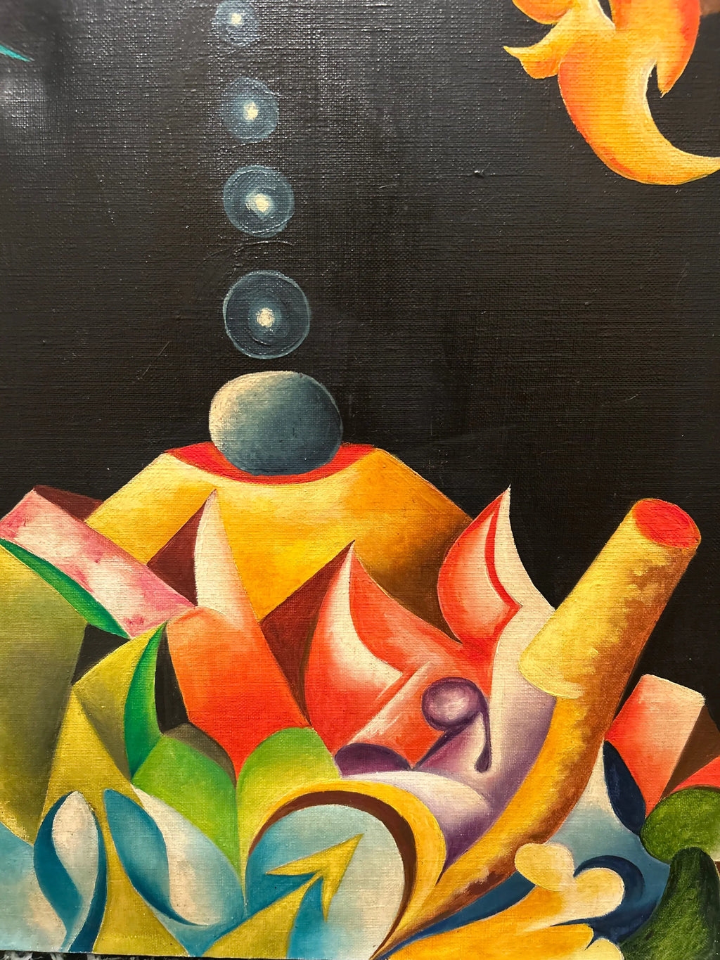 R. Girard – Tableau contemporain XXe siècle, huile sur toile réversible signée (1977), grand format abstraction colorée Pièce Unique