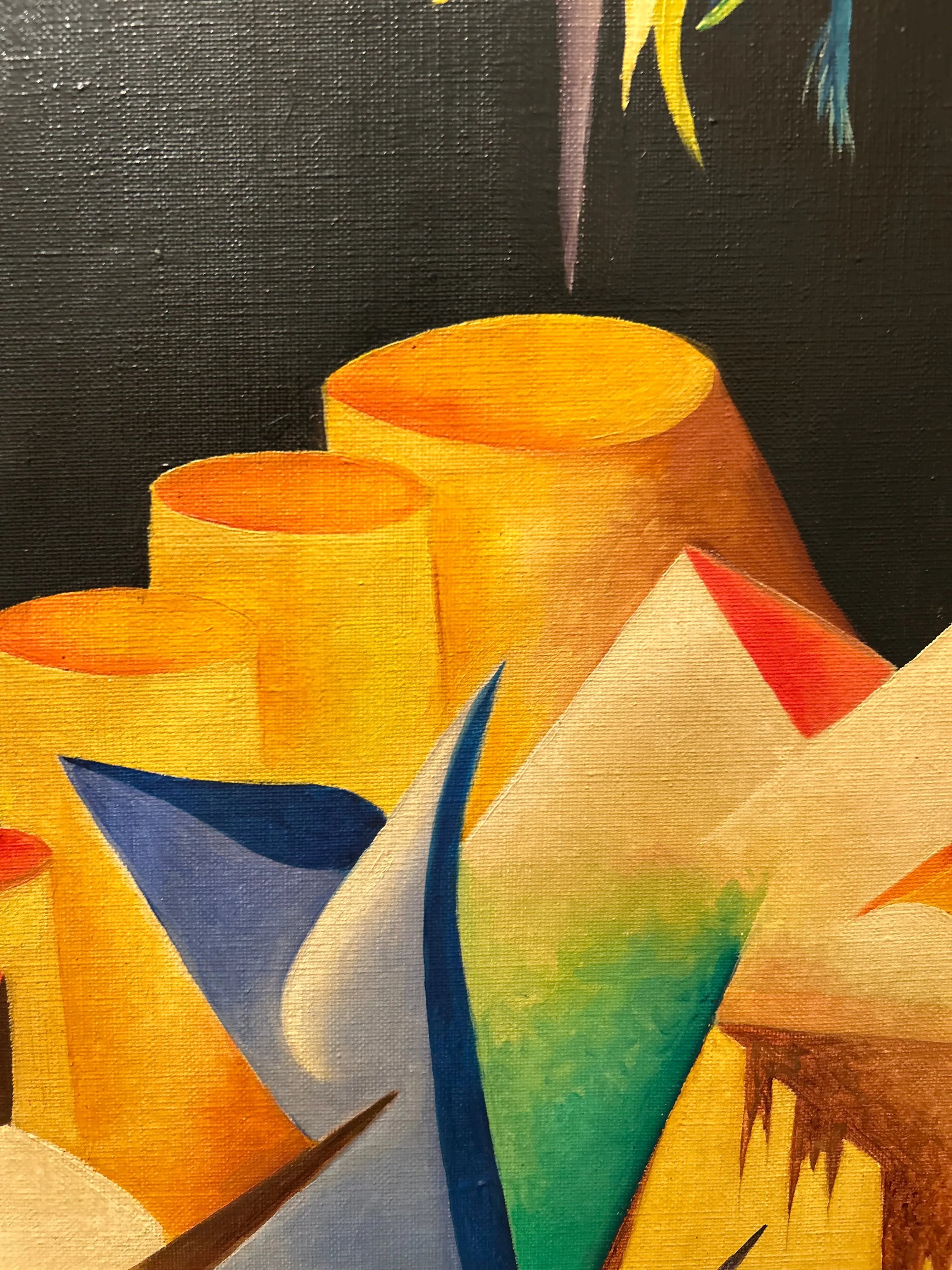 R. Girard – Tableau contemporain XXe siècle, huile sur toile réversible signée (1977), grand format abstraction colorée Pièce Unique