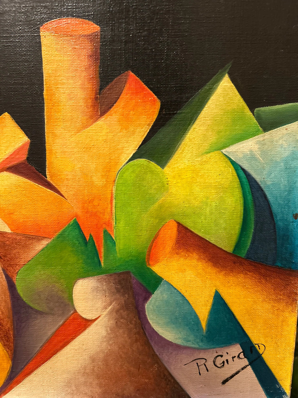 R. Girard – Tableau contemporain XXe siècle, huile sur toile réversible signée (1977), grand format abstraction colorée Pièce Unique