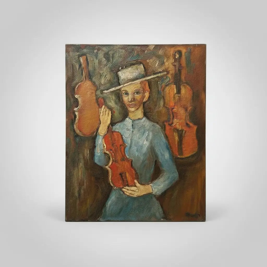 Tableau contemporain XXe siècle – Le Violoniste Stoïque Pièce Unique