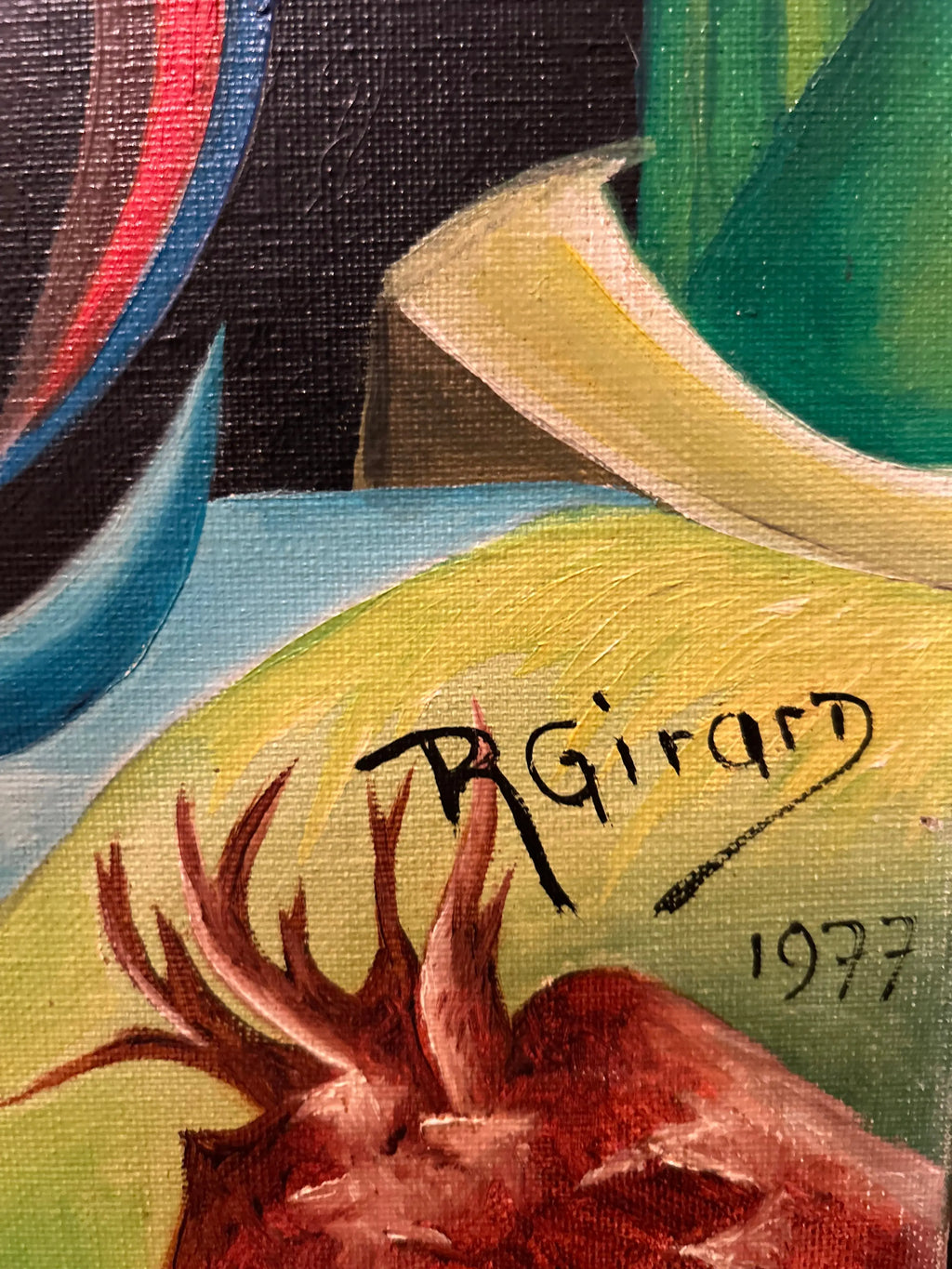 R. Girard – Tableau contemporain XXe siècle, huile sur toile réversible signée (1977), grand format abstraction colorée Pièce Unique