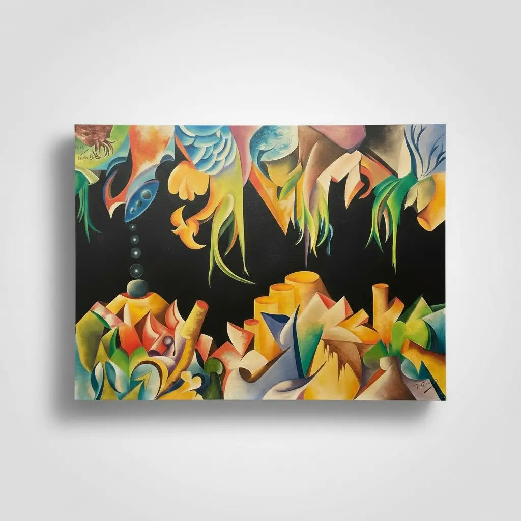 R. Girard – Tableau contemporain XXe siècle, huile sur toile réversible signée (1977), grand format abstraction colorée Pièce Unique