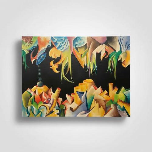 R. Girard – Tableau contemporain XXe siècle, huile sur toile réversible signée (1977), grand format abstraction colorée Pièce Unique